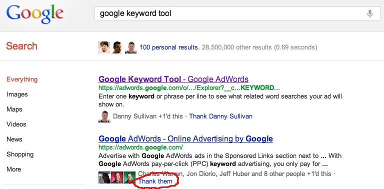 'Thank them' for +1'ing content right from google search results (SERP's)